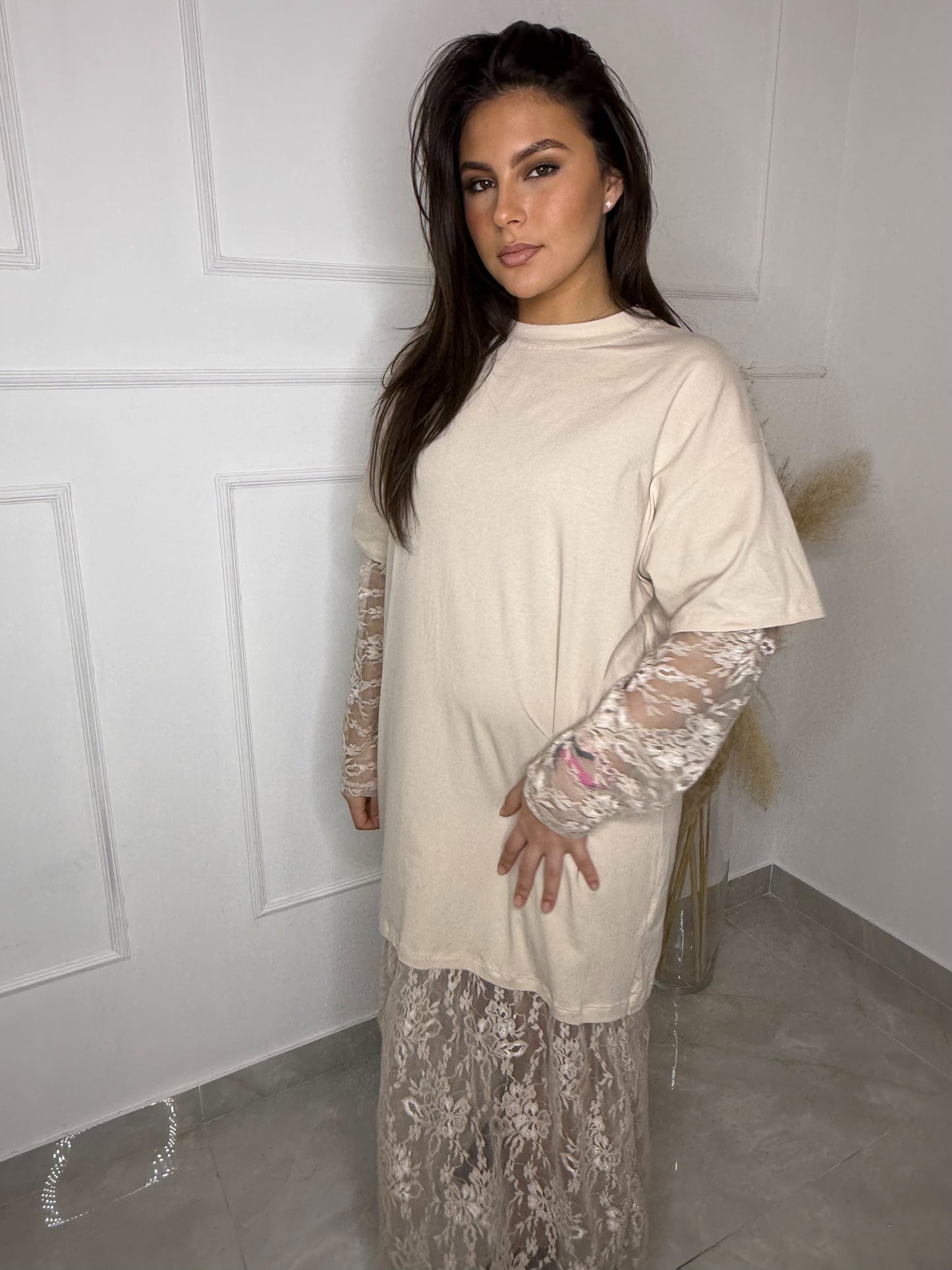 Robe dentelle beige
